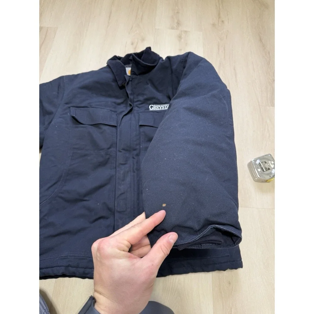 VTG Carhartt C003 Men's Navy Blue Canvas Work Coat w/Company Logo - Size Large - Picture 7 of 8